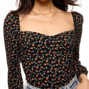 Reformation Reign Top Perla Long Sleeve Black with Floral Design Size 4 NWT